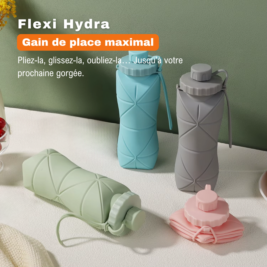Quatre bouteilles Flexi Hydra en silicone (bleu, gris, vert, rose), légères et repliées pour un gain de place optimal.