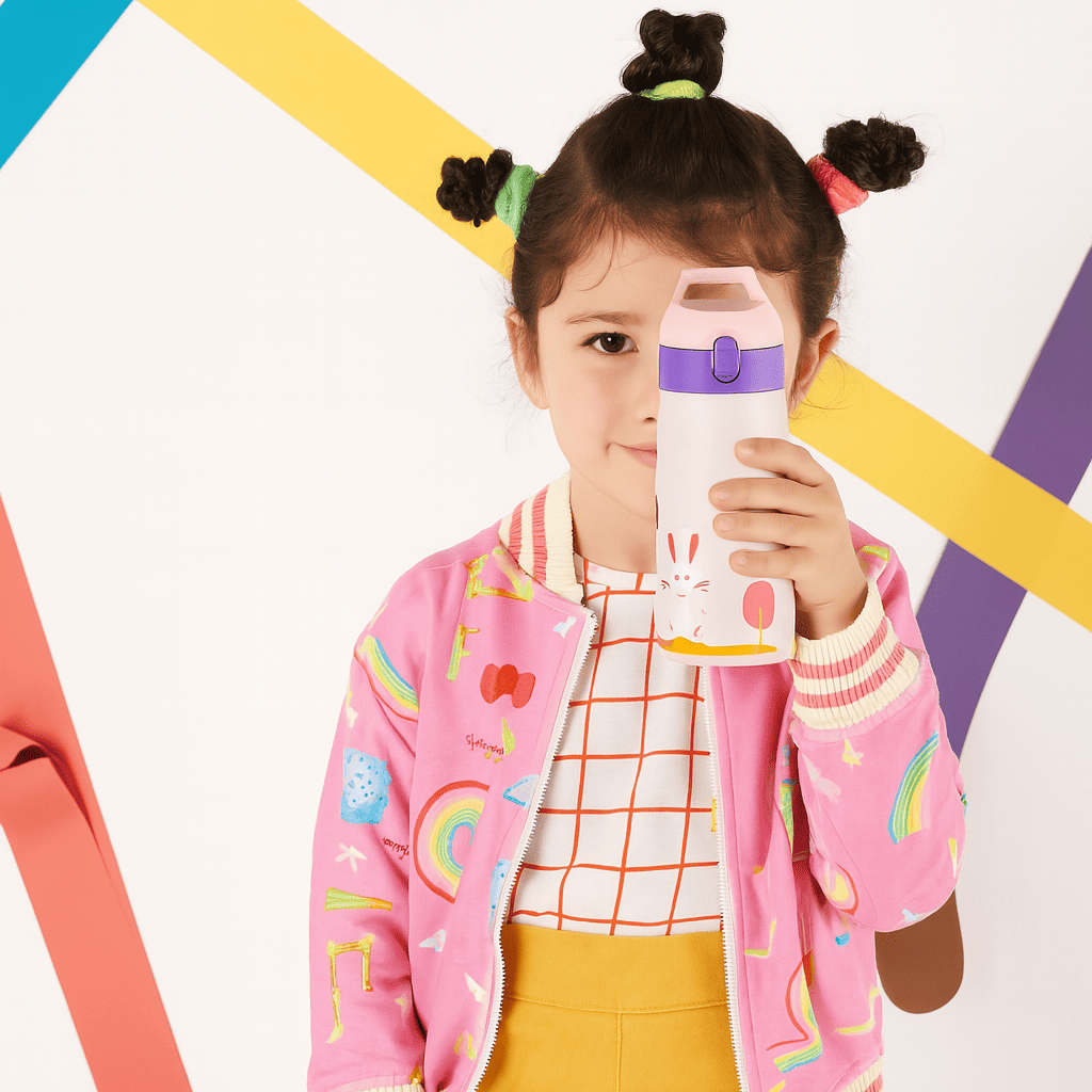 Fille tenant une gourde Hydra Kids Inox rose avec motif lapin, photo lifestyle sur fond graphique coloré.