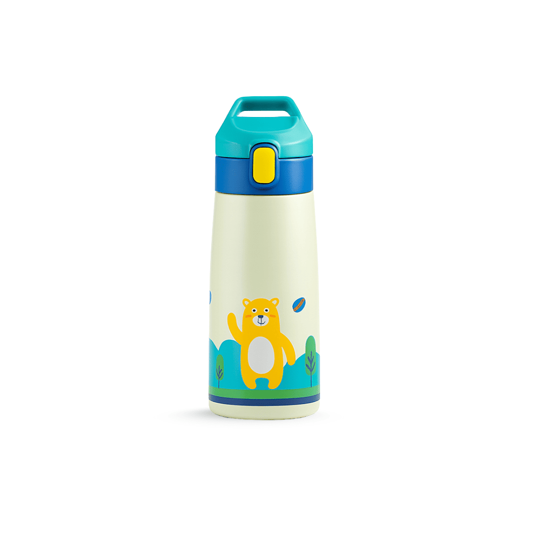 Gourde enfant Hydra Kids en inox, coloris bleu avec motif ours et bouchon sécurisé.