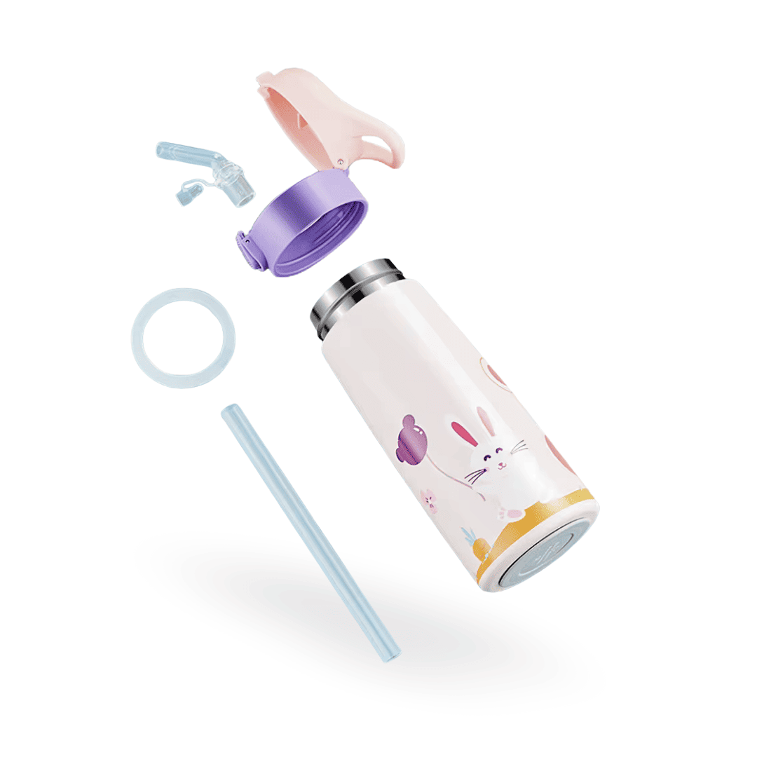 Vue éclatée de la gourde enfant Hydra Kids inox, avec bouchon rose-violet, paille, joint étanche et motif lapin.