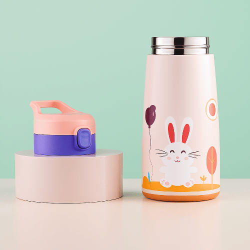 Gourde isotherme enfant Hydra Kids Inox 500 mL modèle lapin rose, en inox, avec couvercle à poignée amovible et paille intégrée.