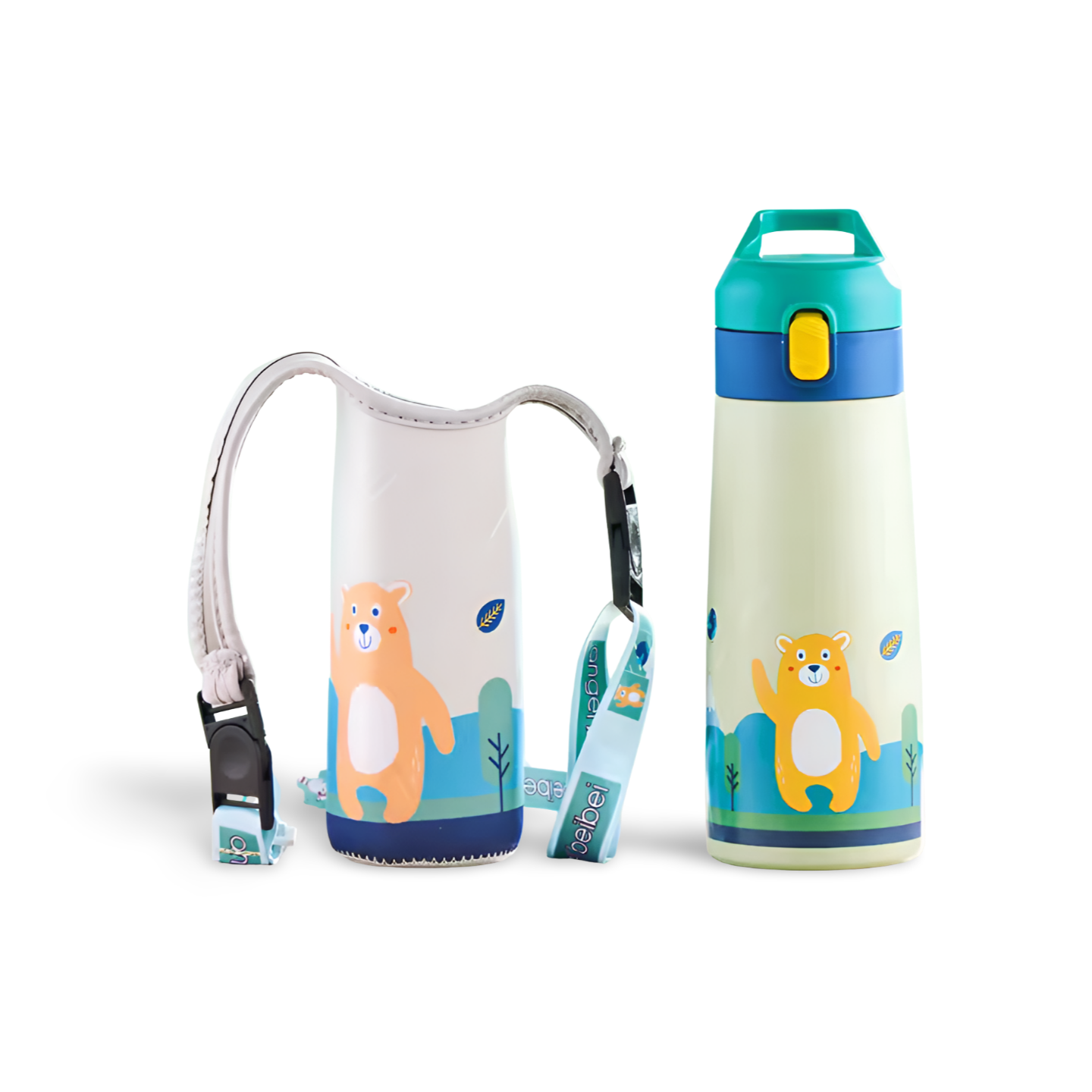 Pack Hydra Kids Inox avec bouteille ours bleu et housse de transport assortie.