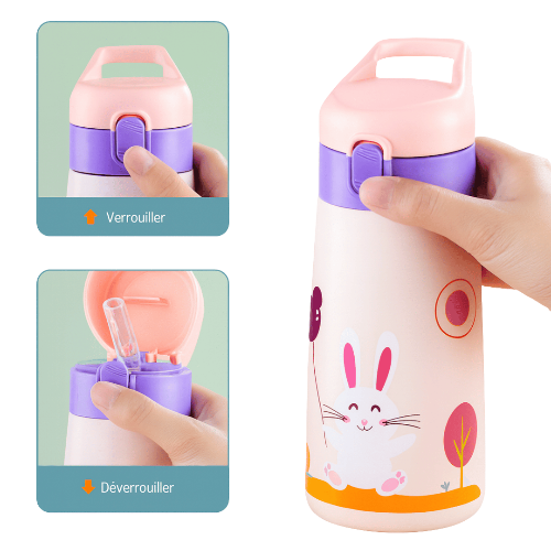 Système de verrouillage et déverrouillage de la gourde isotherme enfant Hydra Kids Inox modèle lapin rose, avec paille intégrée et couvercle sécurisé.