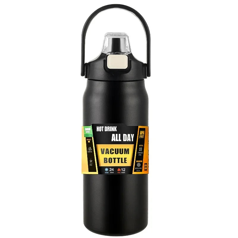 Hydra Max noire avec anse de transport et étiquette "Vacuum Bottle", design sport et étanche.