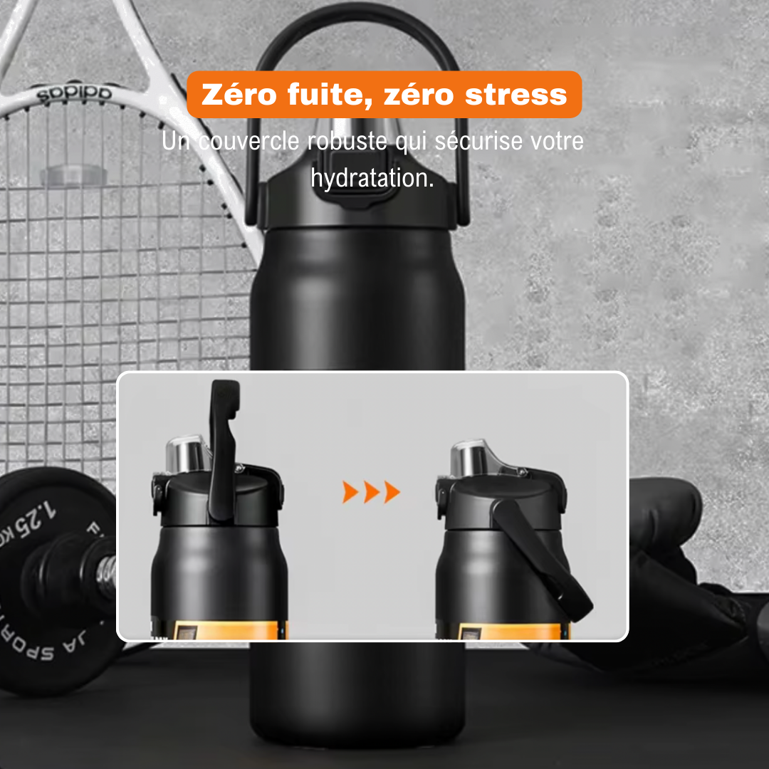 Hydra Max noire avec système anti-fuite, idéale pour une hydratation sécurisée pendant le sport.