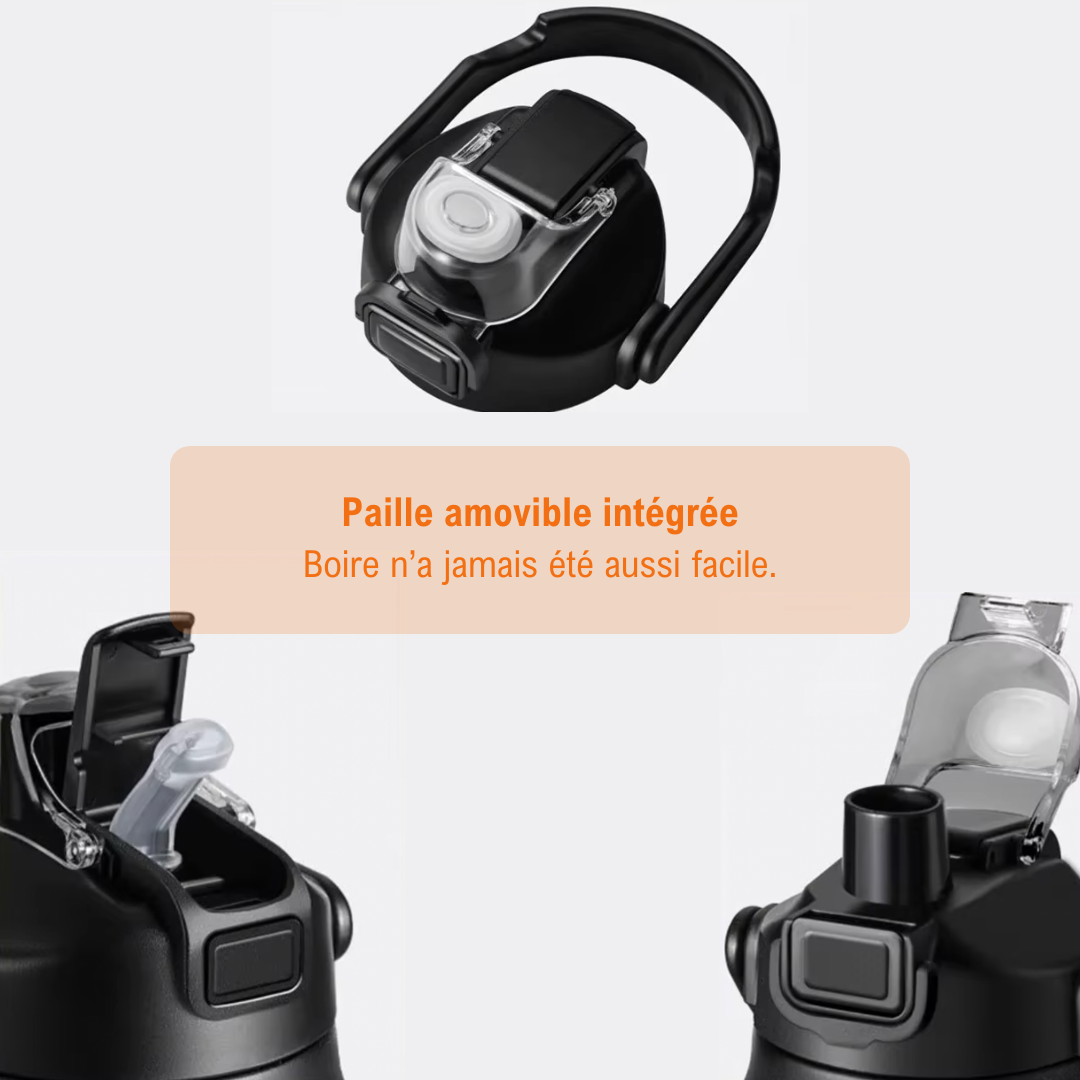 Détail du bouchon Hydra Max avec paille amovible intégrée pour une hydratation facile.