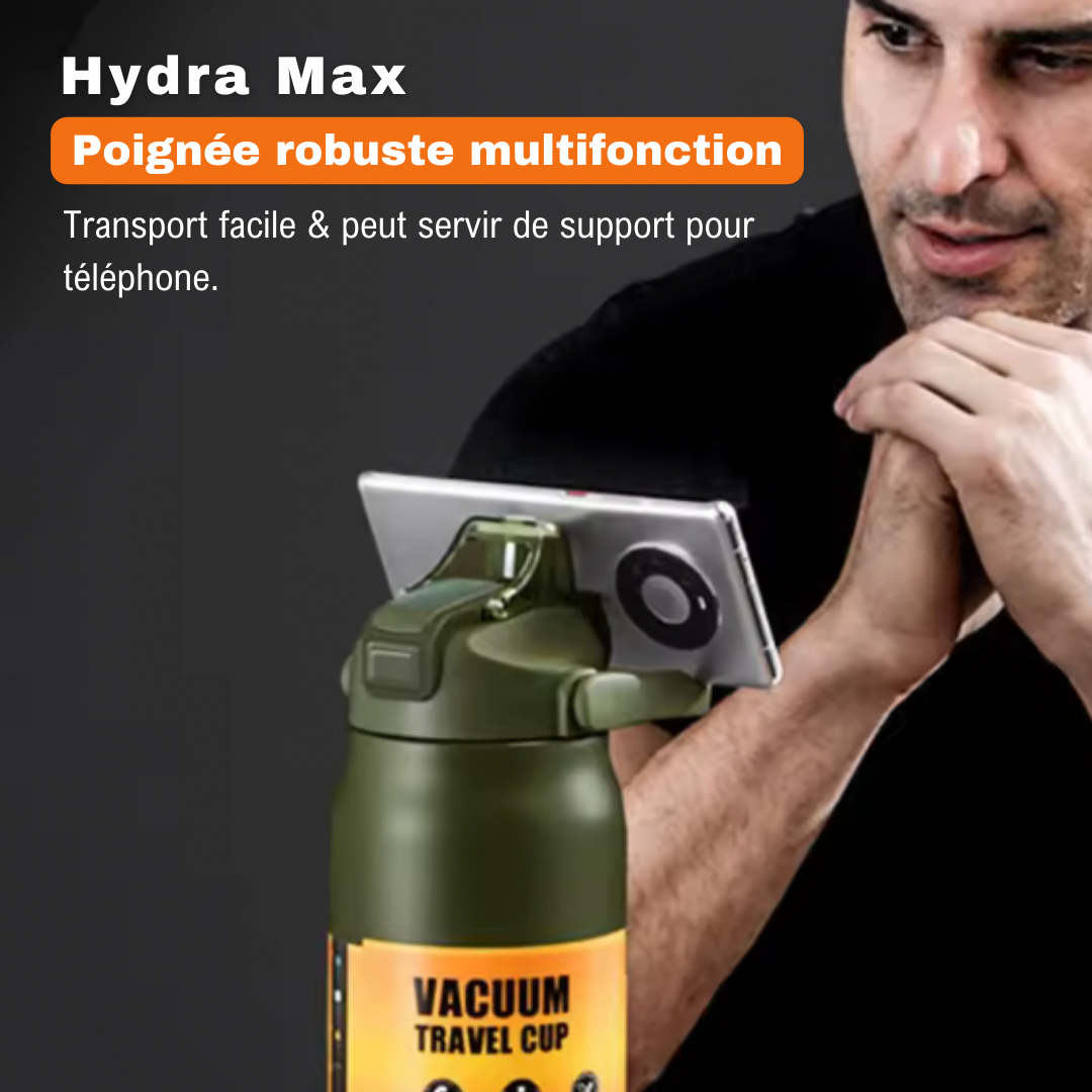 Hydra Max avec poignée robuste servant de support pour téléphone, idéale pour les déplacements ou le sport.