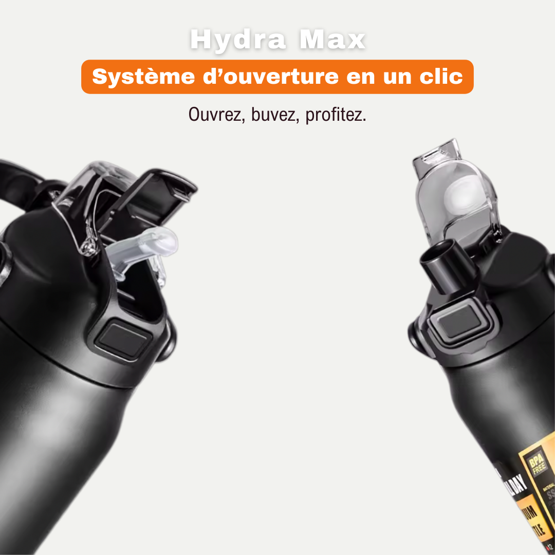 Hydra Max avec système d’ouverture en un clic et embout pratique pour boire facilement pendant le sport.