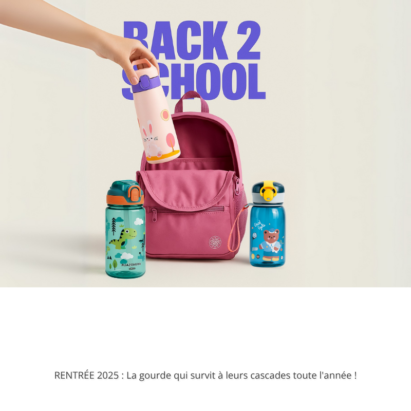Bannière mobile rentrée 2025 avec trois gourdes pour enfant. Slogan : La gourde qui survit à leurs cascades toute l'année.