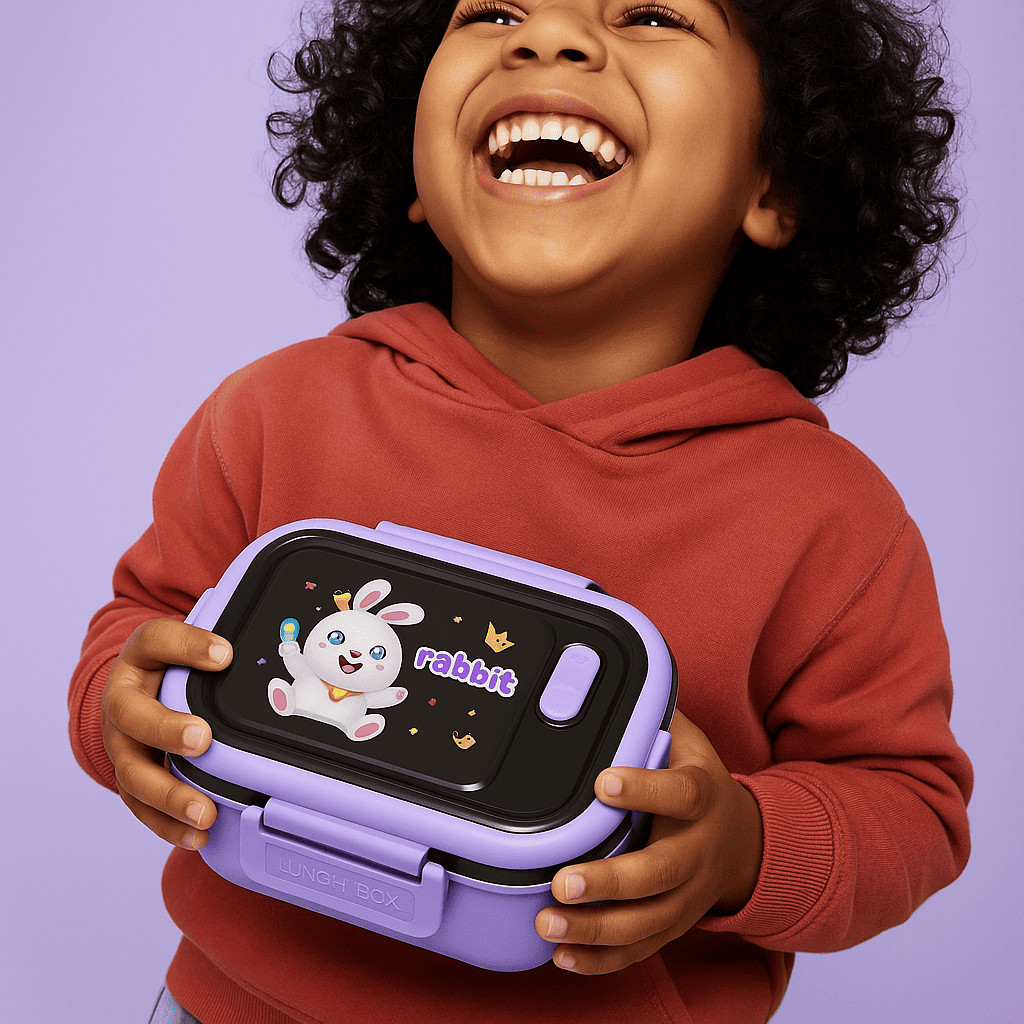 Enfant joyeux tenant une boîte à goûter avec motif lapin, modèle Rabbit.