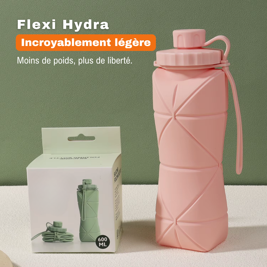 Bouteille Flexi Hydra rose légère de 600 ml avec boîte, conçue pour un transport ultra pratique.