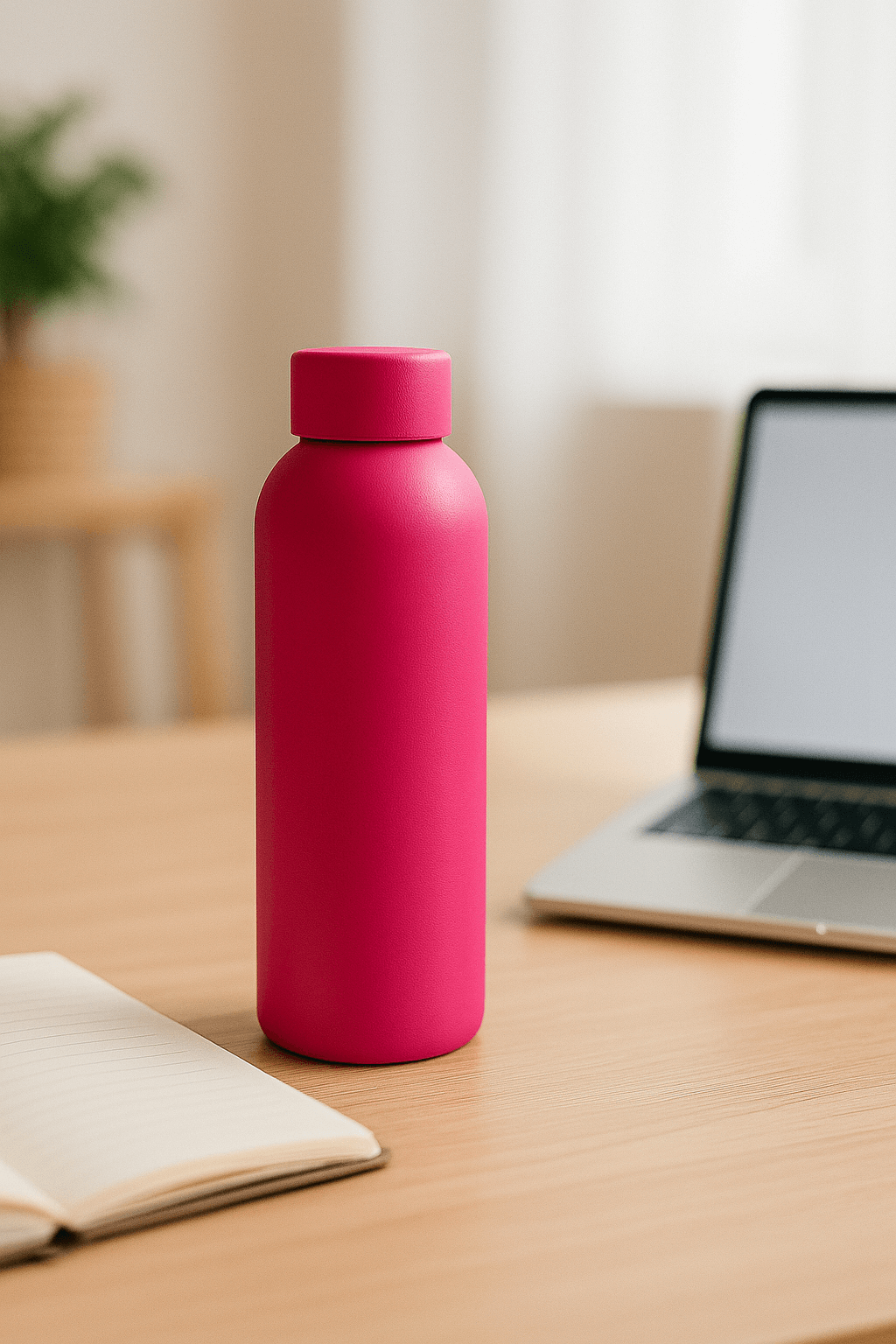 Bouteille rose HydraLunch sur un bureau avec carnet et ordinateur portable.