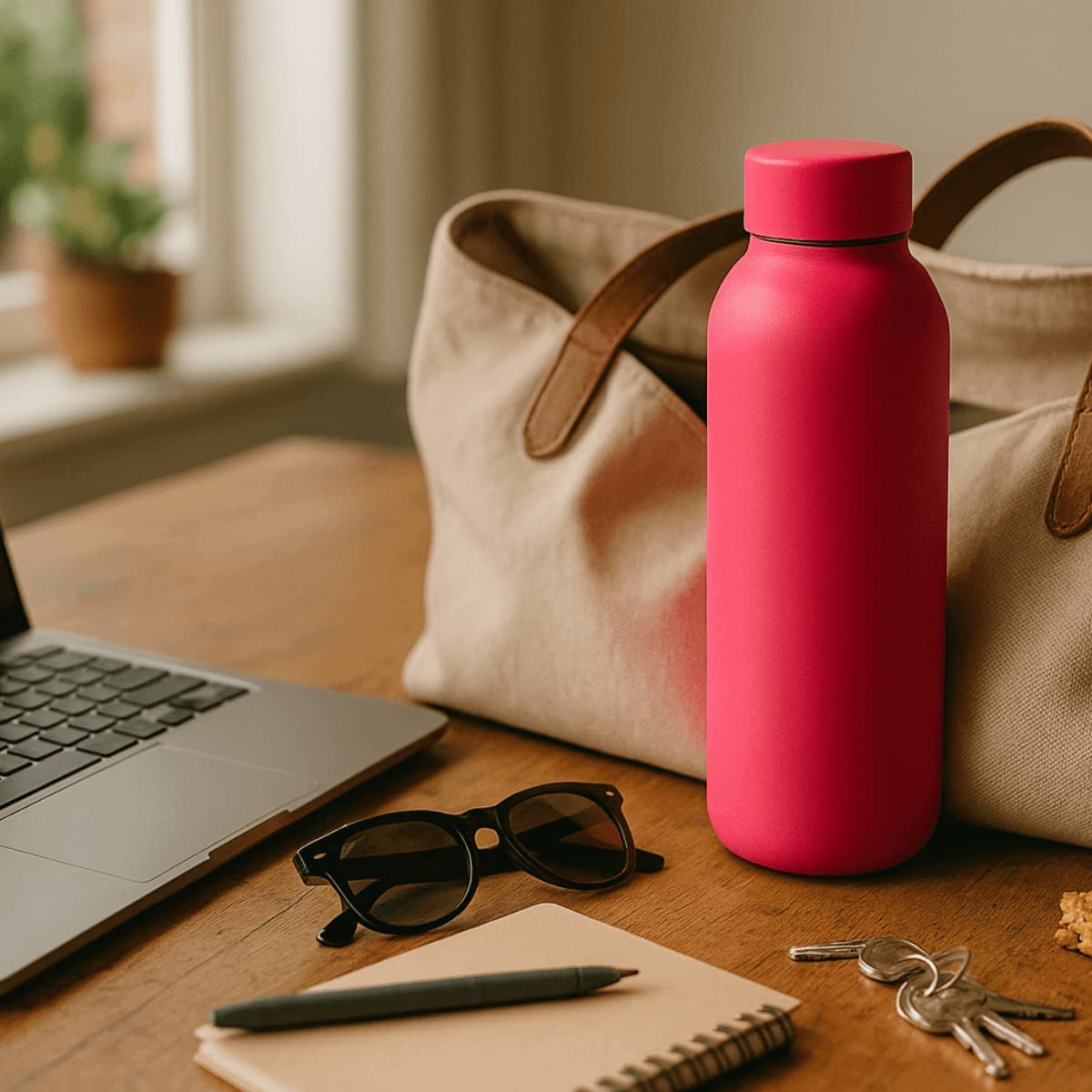 Bouteille rose HydraLunch posée sur un bureau à côté d’un sac, lunettes et carnet.