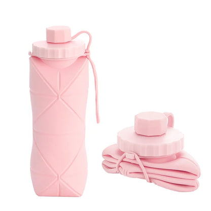 Bouteille Flexi Hydra rose pastel en silicone pliable, montrée en position dépliée et repliée, pratique pour les déplacements.