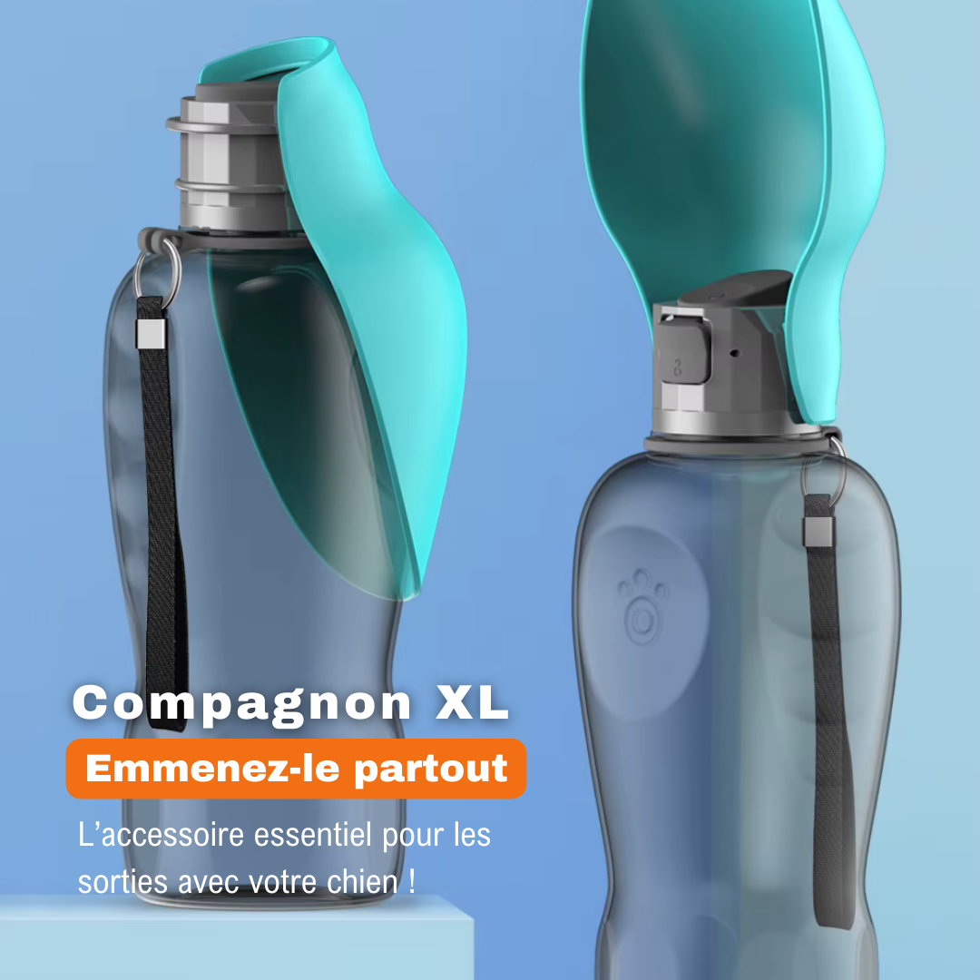 Gourde Compagnon XL pour chien, grand format avec bol intégré et sangle, parfaite pour les sorties.
