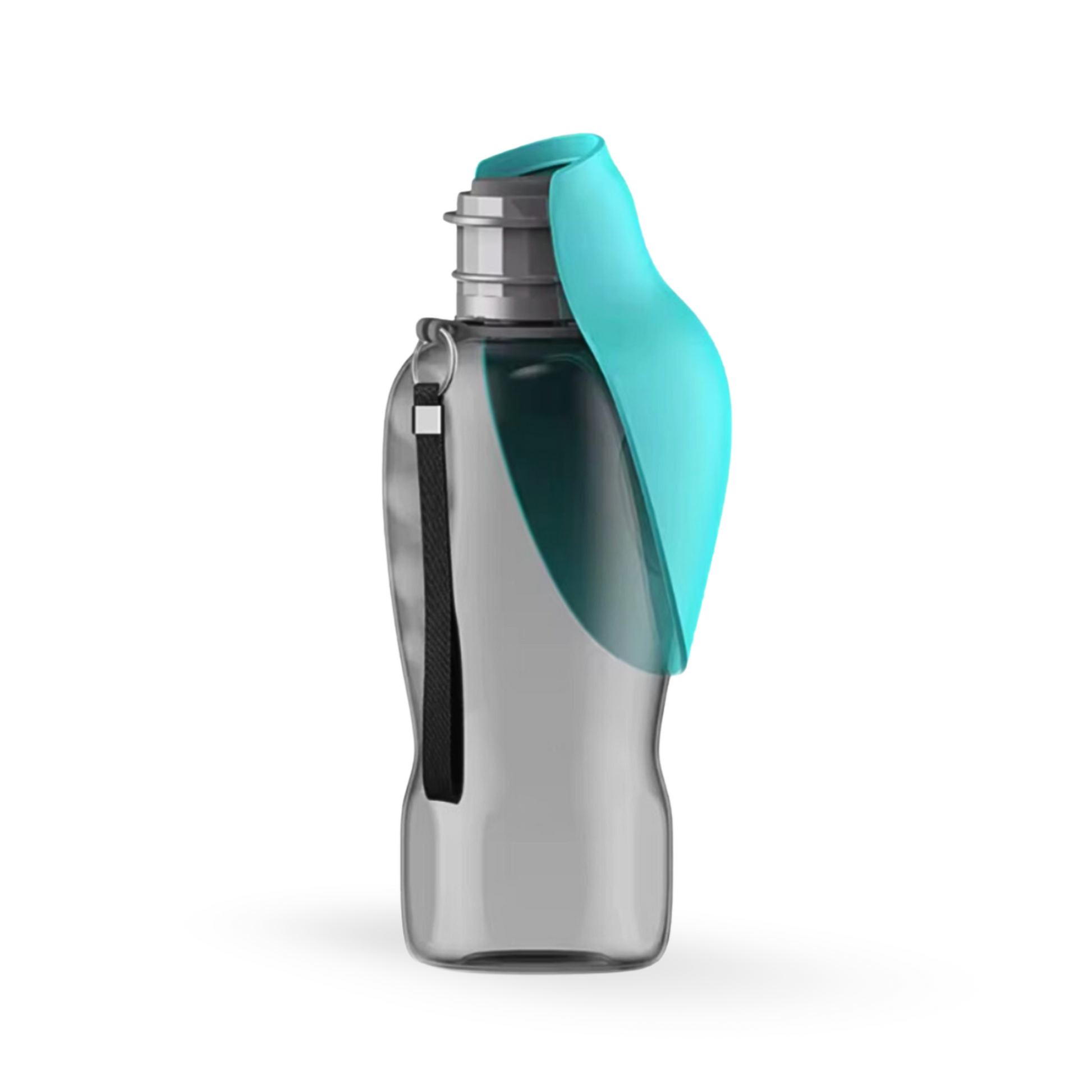 Gourde pour chien Compagnon XL repliée avec bol intégré turquoise, conçue pour l’hydratation en déplacement.