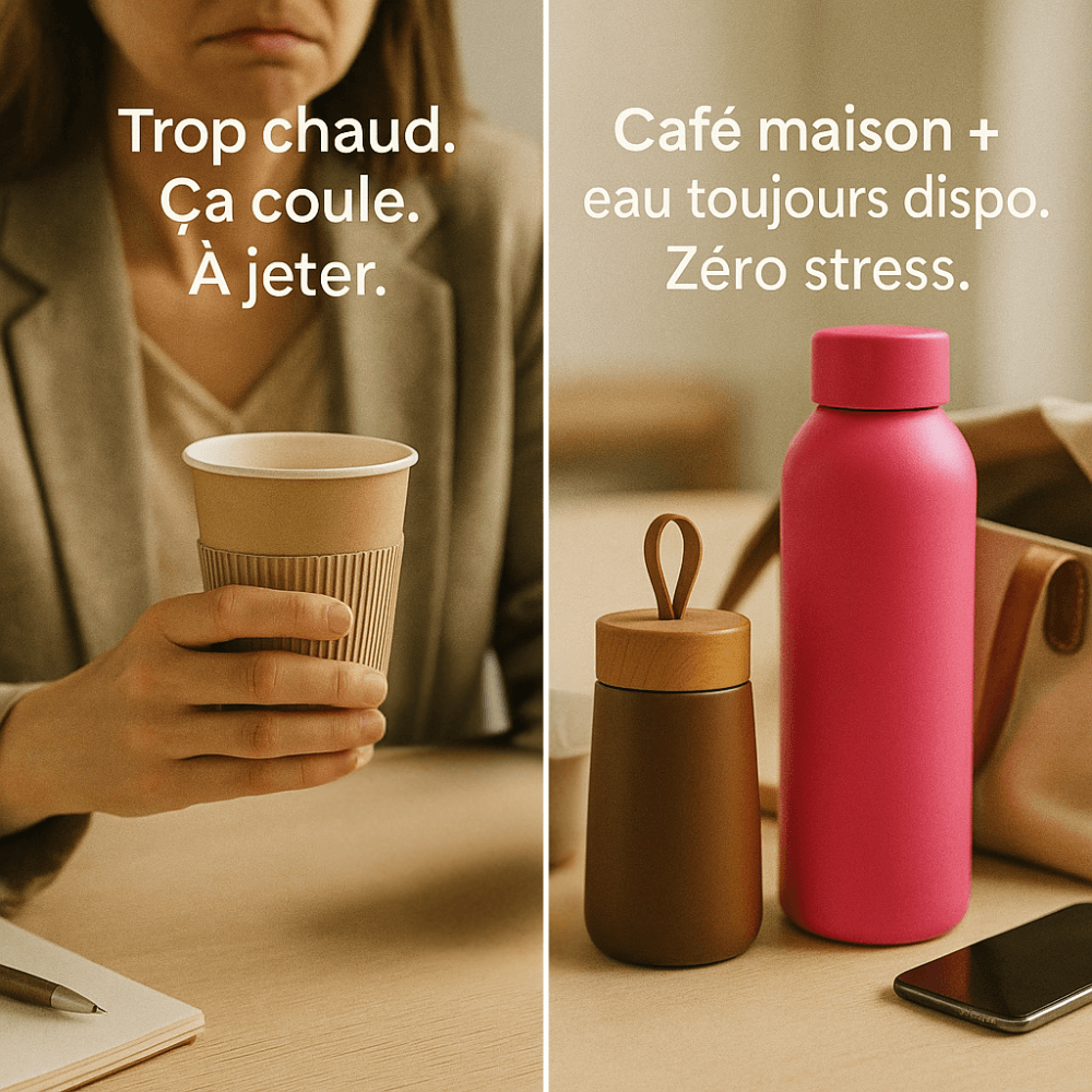 Comparaison entre un gobelet jetable et le Pack Duo HydraLunch avec mini gourde chocolat et grande gourde rose.
