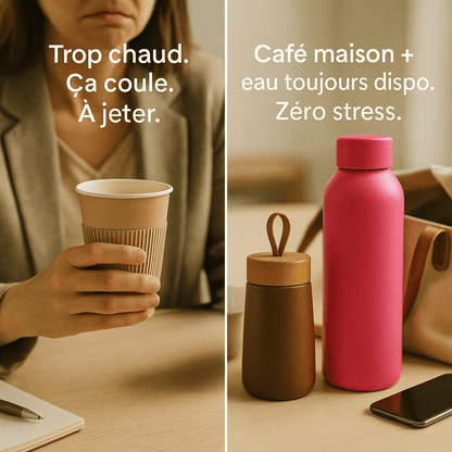 Comparaison entre un gobelet jetable et le Pack Duo HydraLunch avec mini gourde chocolat et grande gourde rose.