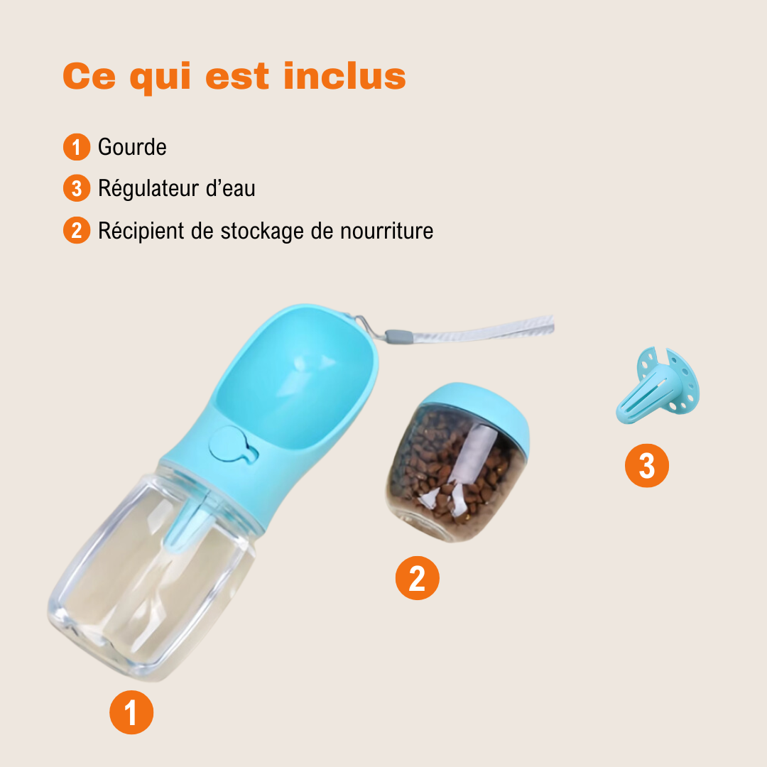 Contenu de la gourde Duo Pet : récipient eau, régulateur et réservoir de nourriture pour animaux.