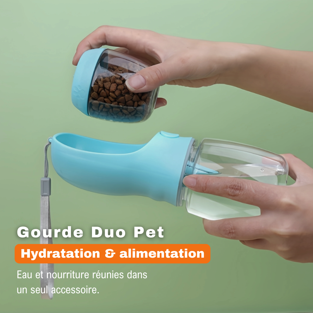 Gourde Duo Pet avec croquettes et eau, solution pratique pour nourrir et hydrater son animal en déplacement.