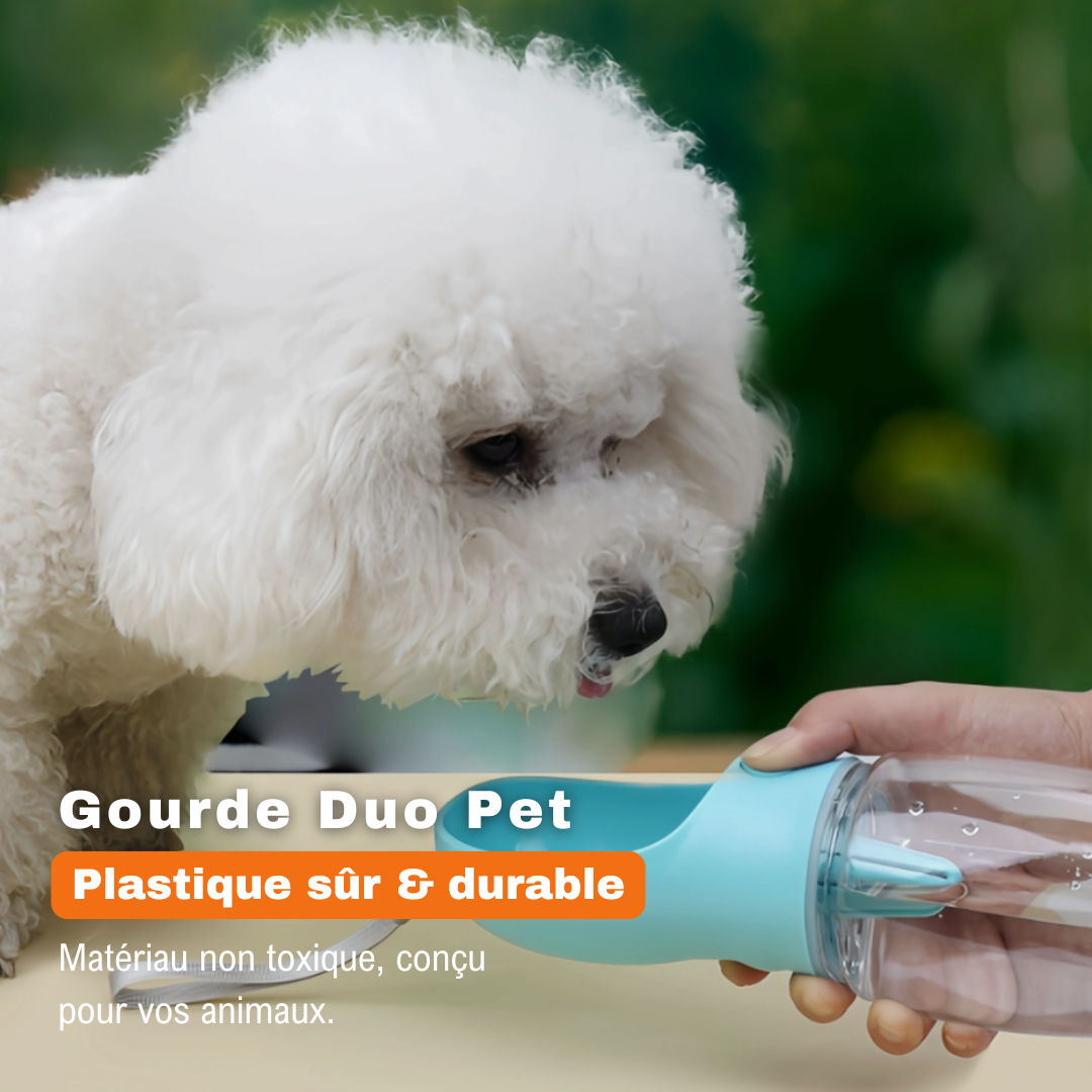 Petit chien buvant dans la gourde Duo Pet, fabriquée en plastique non toxique pour animaux.