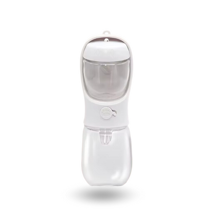 Gourde Duo Pet blanche avec double réservoir pour eau et croquettes, accessoire pratique pour animaux en déplacement.