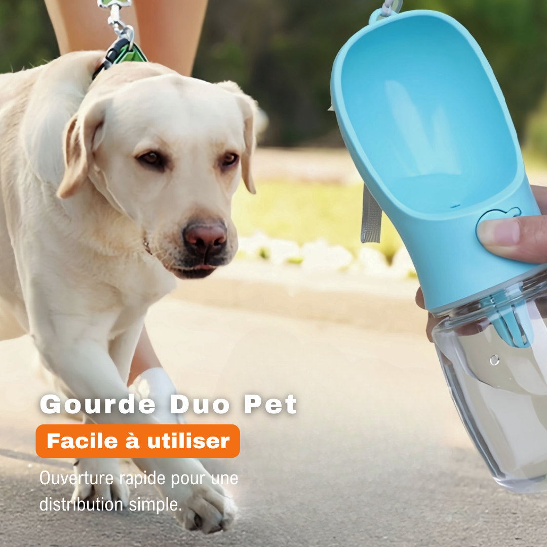Chien en promenade buvant avec une gourde Duo Pet bleue, facile à utiliser en extérieur.
