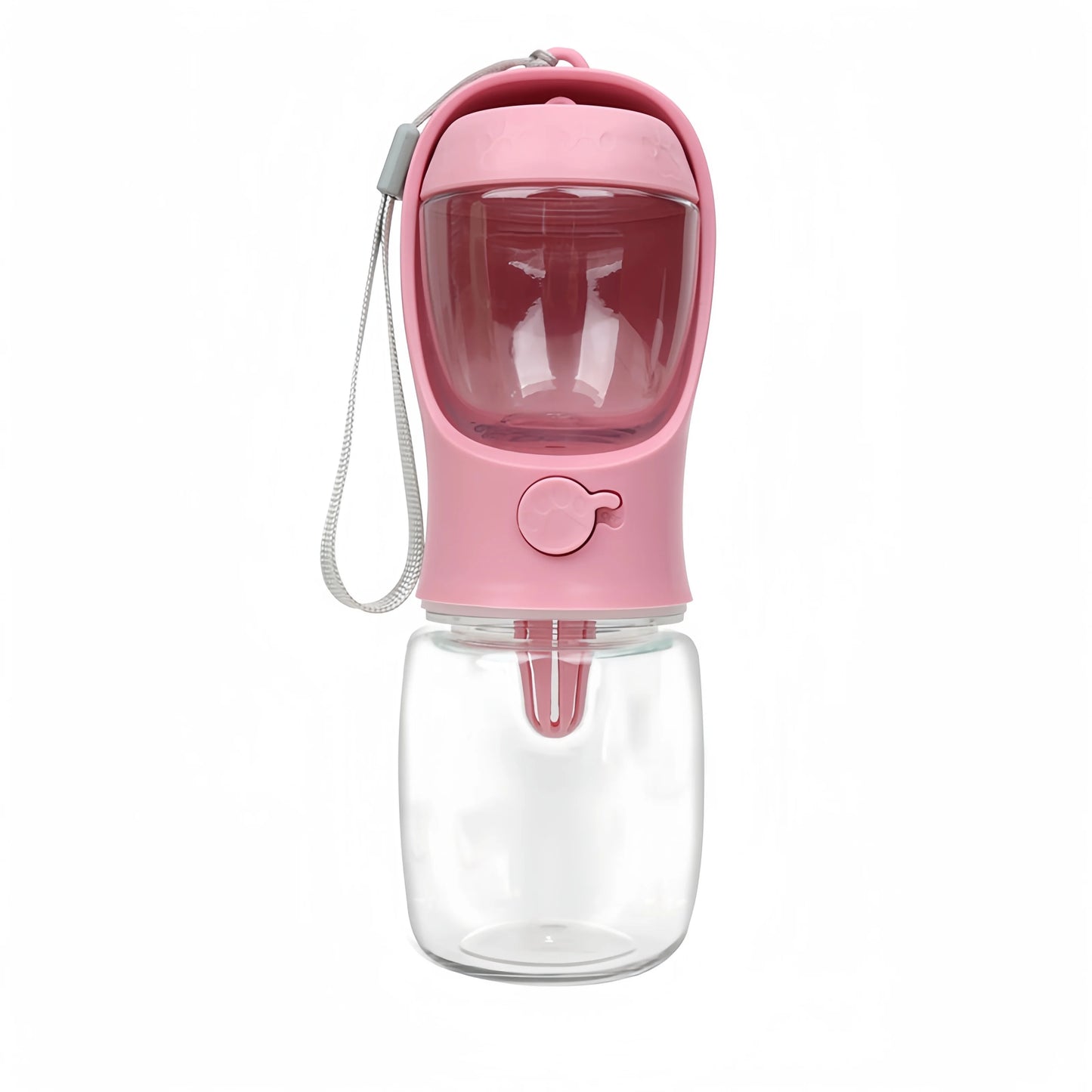 Gourde Duo Pet couleur rose avec double compartiment pour eau et croquettes, idéale pour animaux en déplacement.