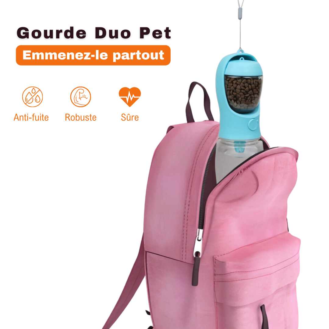 Gourde Duo Pet bleue dans un sac à dos rose, pratique à emporter en balade avec un animal.
