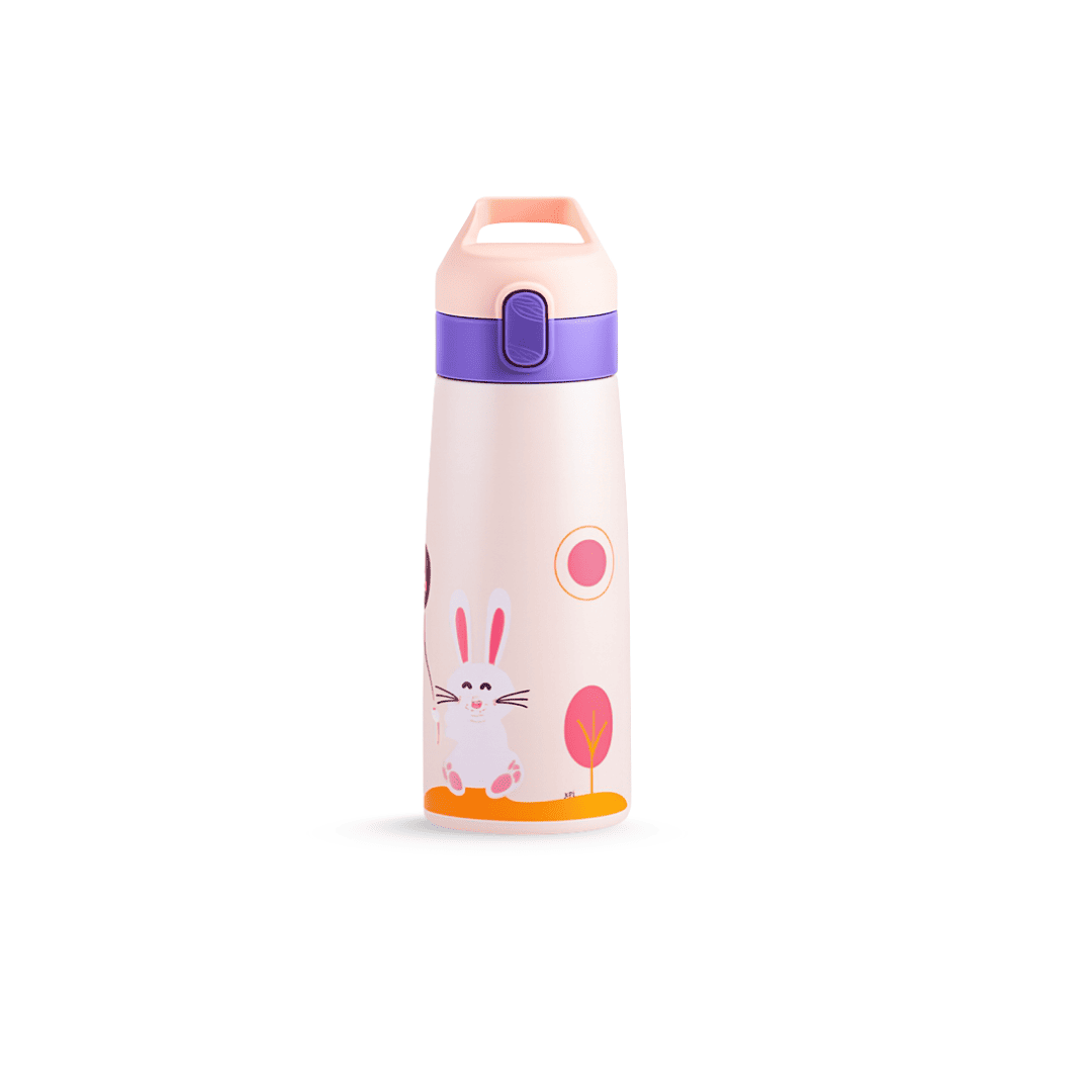 Gourde enfant Hydra Kids en inox, coloris rose avec motif lapin et bouchon sécurisé.