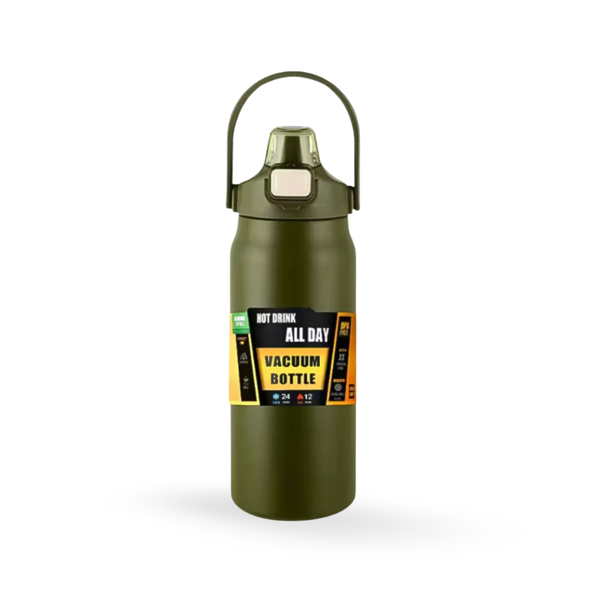 Hydra Max vert armée avec étiquette “Vacuum Bottle” et poignée intégrée, idéale pour les sportifs.