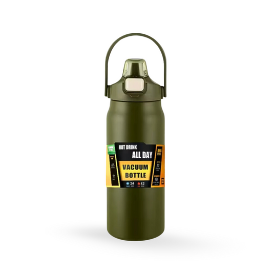 Hydra Max vert armée avec étiquette “Vacuum Bottle” et poignée intégrée, idéale pour les sportifs.