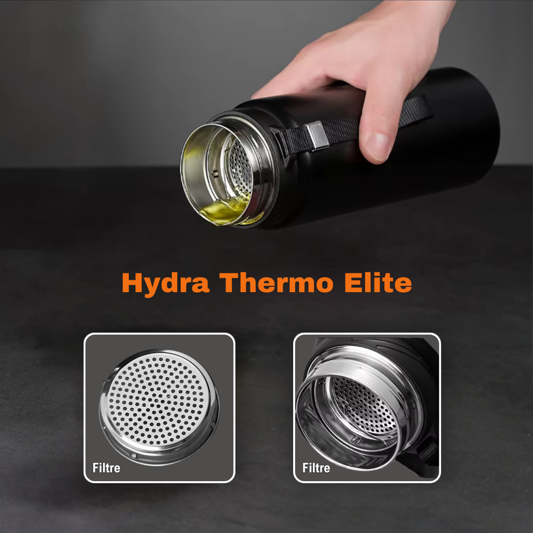 Hydra Thermo Elite noire avec zoom sur son filtre intégré en acier inoxydable.