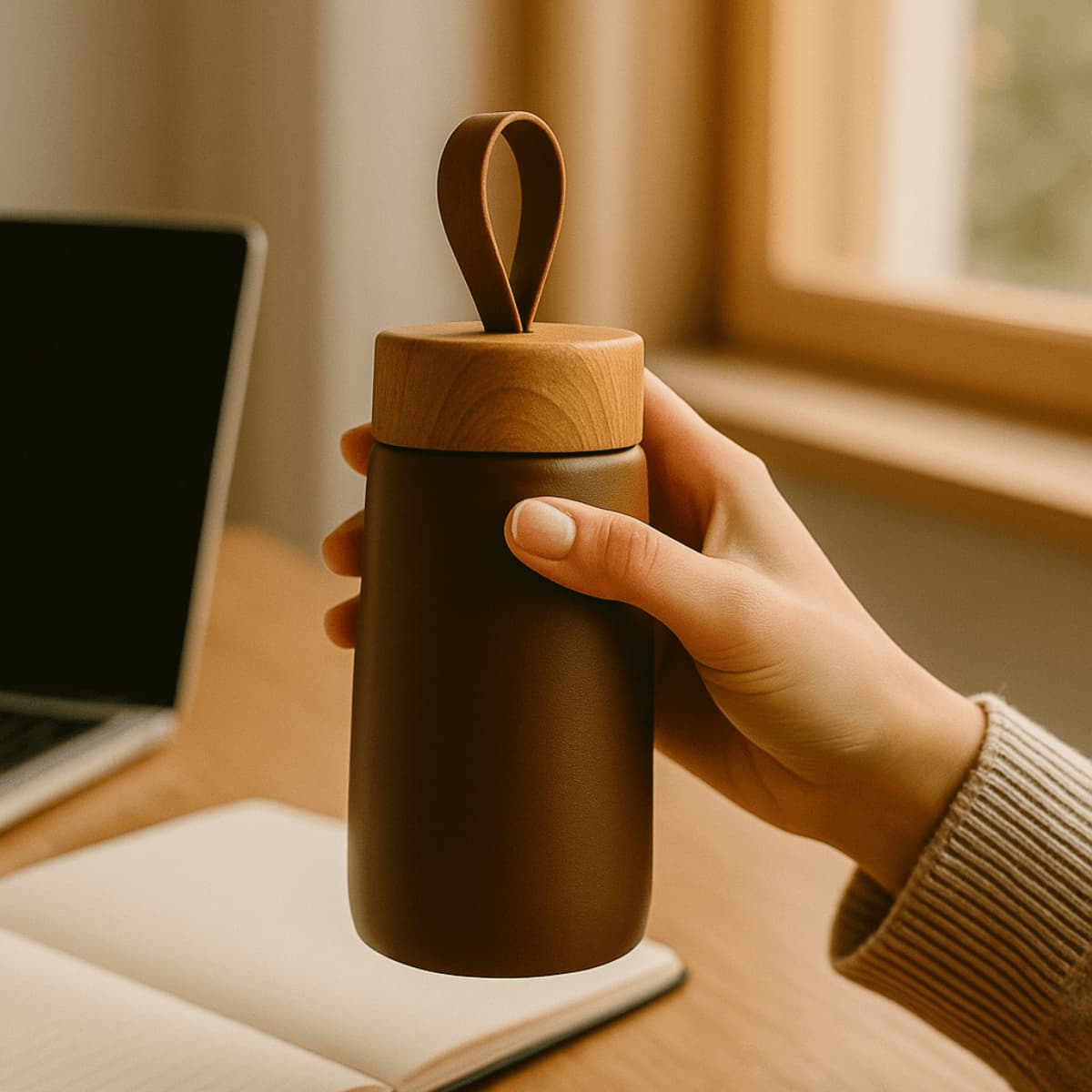 Petite bouteille thermique HydraLunch tenue en main, idéale pour le café.