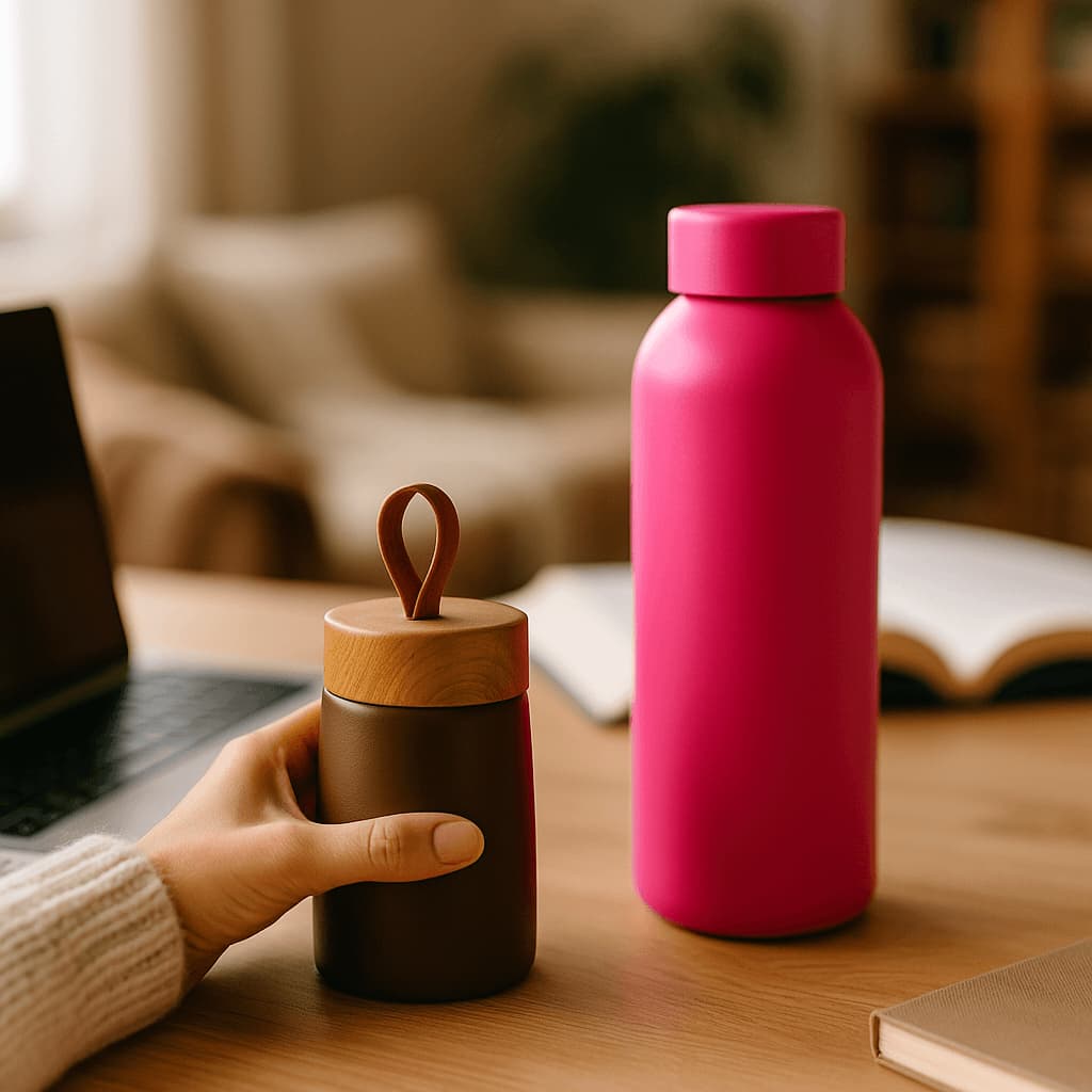 Pack Duo HydraLunch avec mini bouteille café et grande bouteille rose sur un bureau.