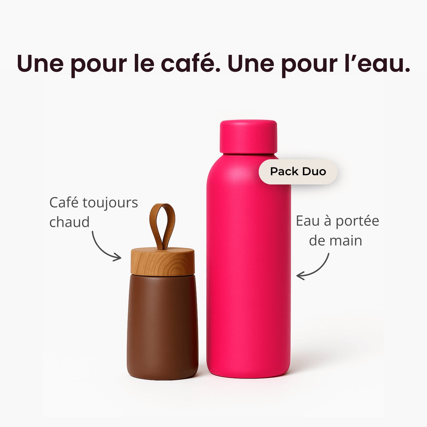 Mini gourde café et grande gourde eau du Pack Duo HydraLunch avec légendes explicatives.