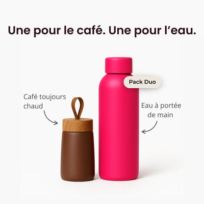 Mini gourde café et grande gourde eau du Pack Duo HydraLunch avec légendes explicatives.