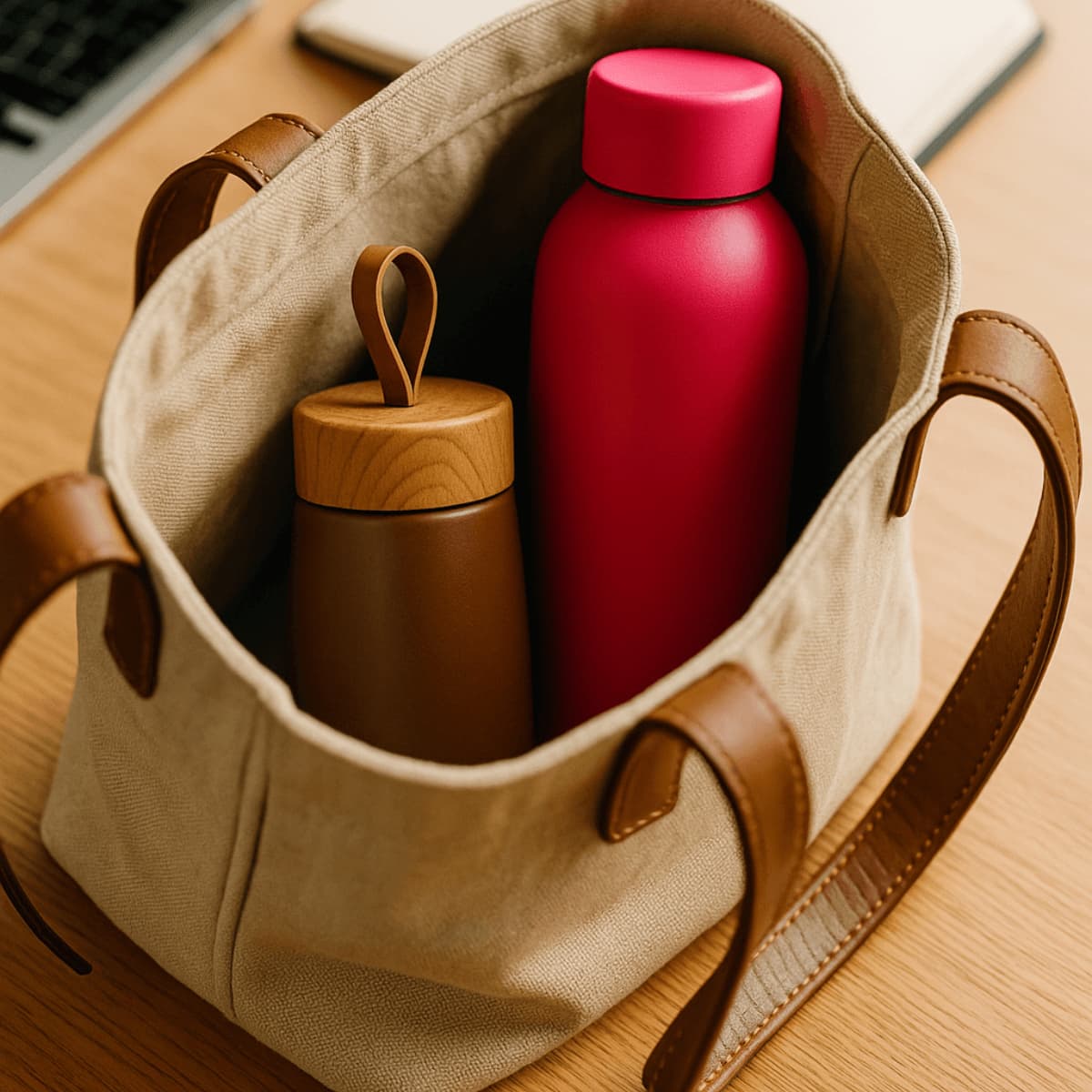 Pack Duo HydraLunch avec mini gourde et grande bouteille rangées dans un sac beige.