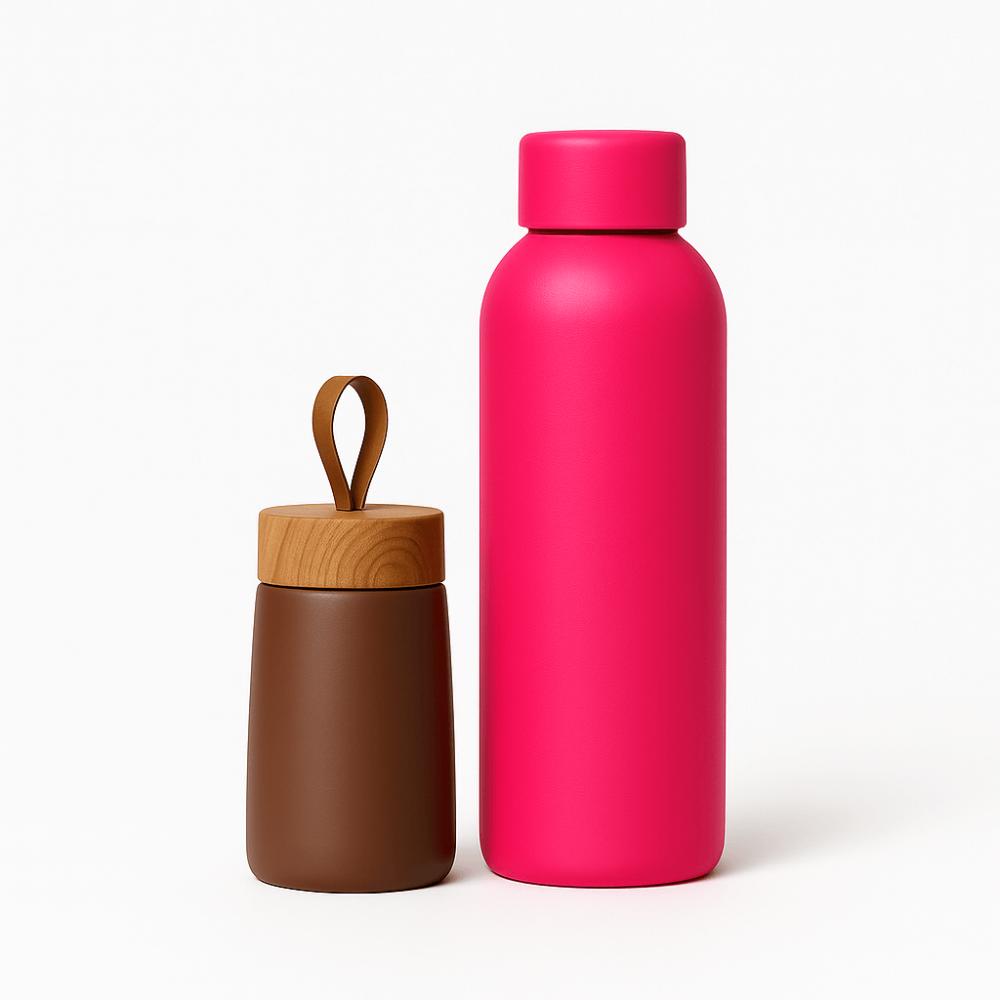 Pack Duo HydraLunch avec une mini gourde chocolat 260mL et une grande gourde rose 500mL, design moderne en inox.