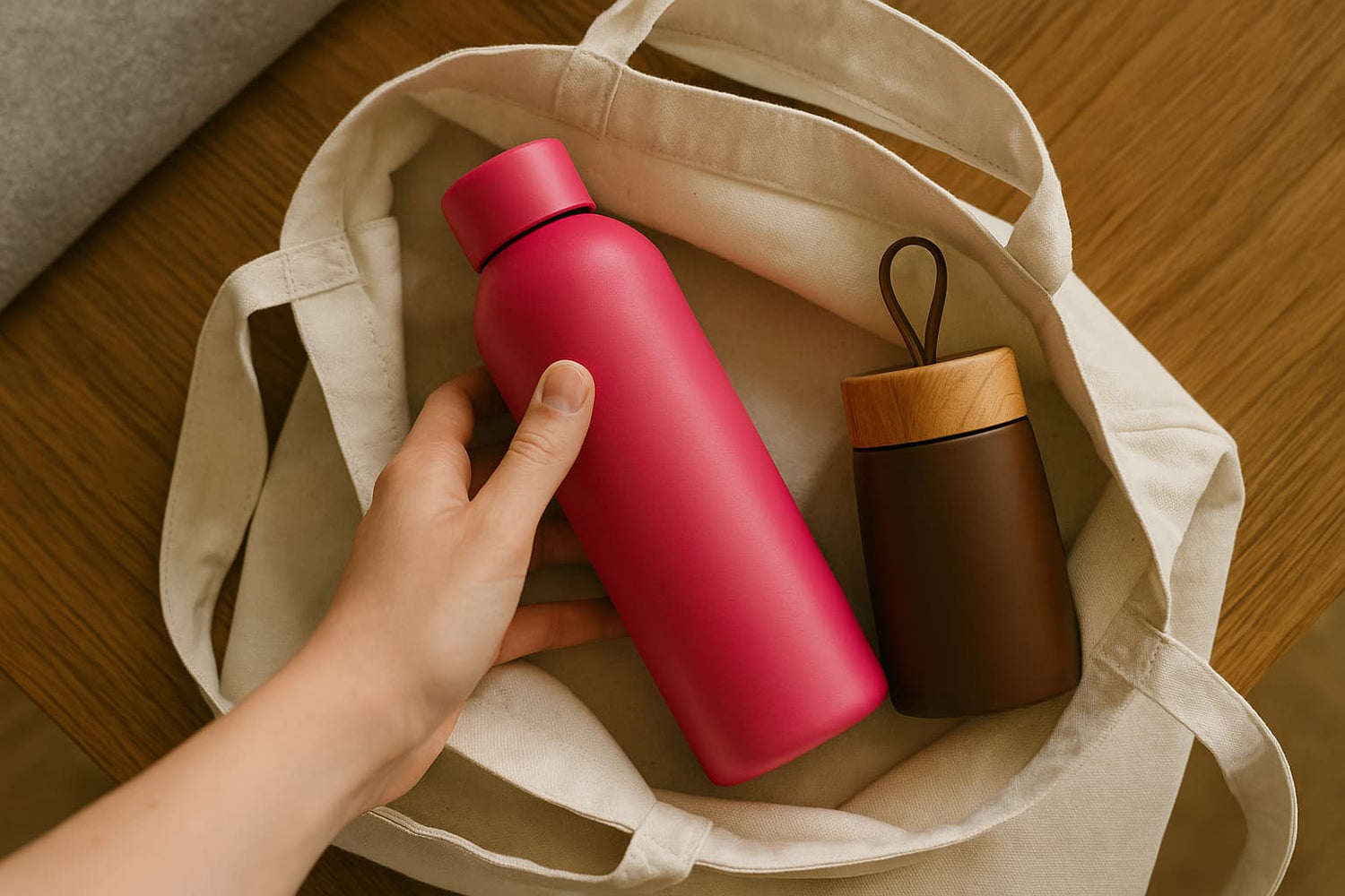 Main plaçant la bouteille rose HydraLunch dans un sac en toile avec mini bouteille café.