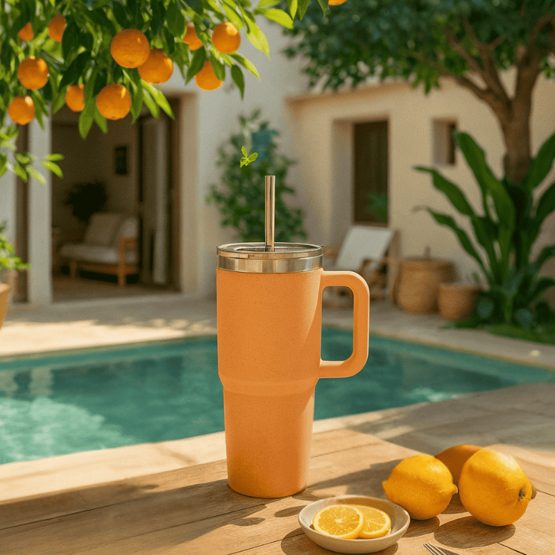 Travel Cup pêche HydraLunch sur table en bois près d’une piscine, avec citrons frais et ambiance estivale.
